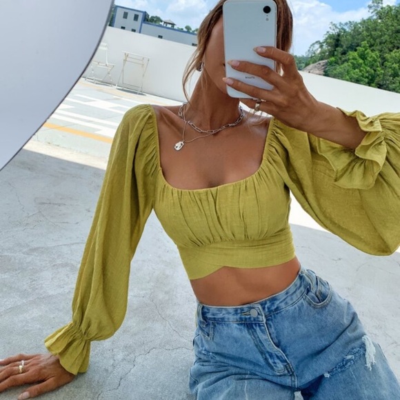 SHEIN Tops - Square Neck Flounce Sleeve Tie Back Crop Milkmaid Blouse